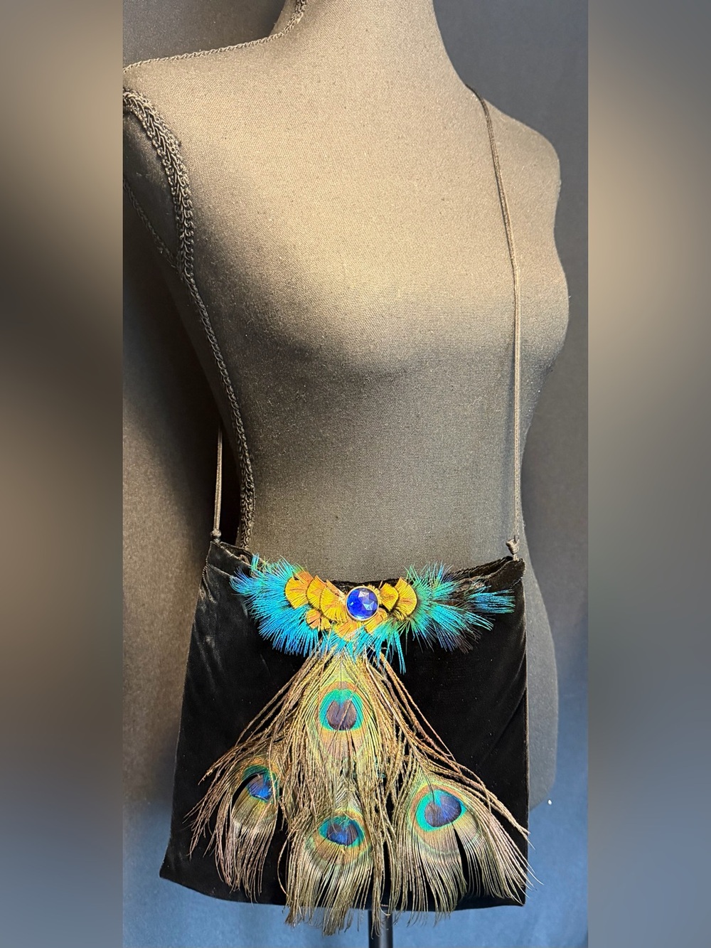 Handmade Bainbridge Island Peacock Feather Velvet Crossbody Purse - Picture 2 of 7